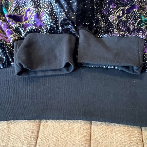 Vintage 80s Batwing Floral Embellished Purple Gold Glitter Top Glam Retro - Picture 7 of 8